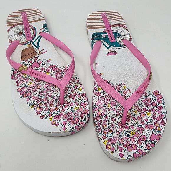 Ipanema Flip Flops Women 9 Bicycle Flower Print Sandals Pink White Bike Logo - Picture 3 of 10